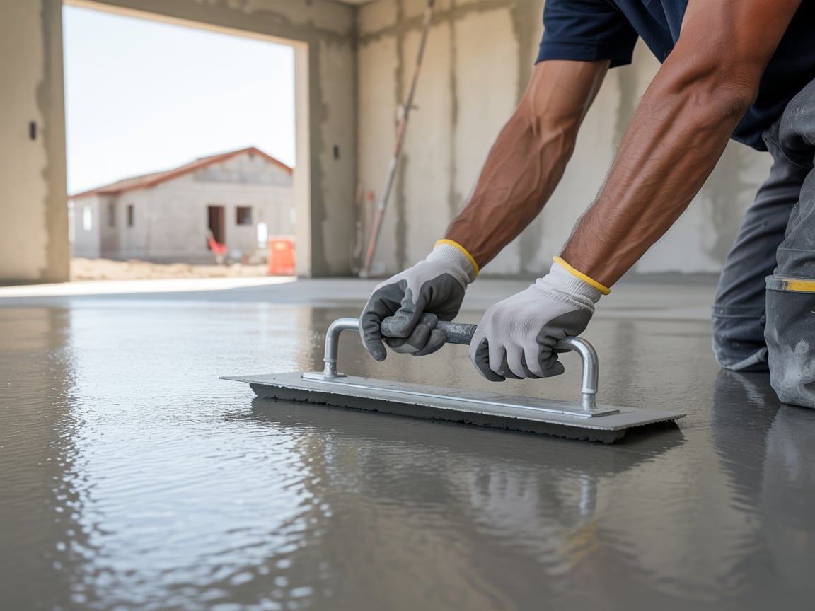 Man using a screed to level fresh concrete floor in a construction site.
