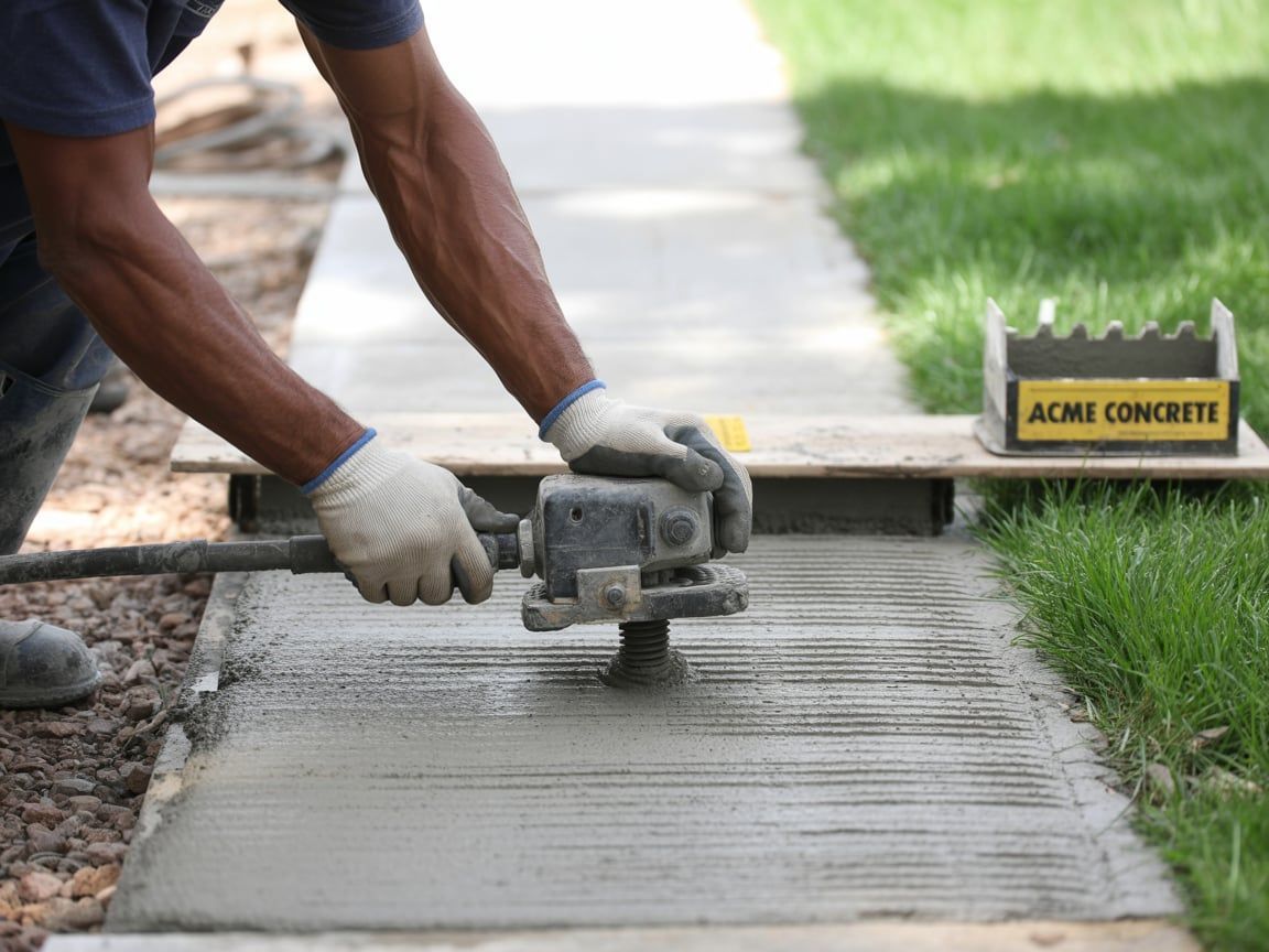 Man using a grooving tool on wet concrete sidewalk, outdoor, lawn in background.