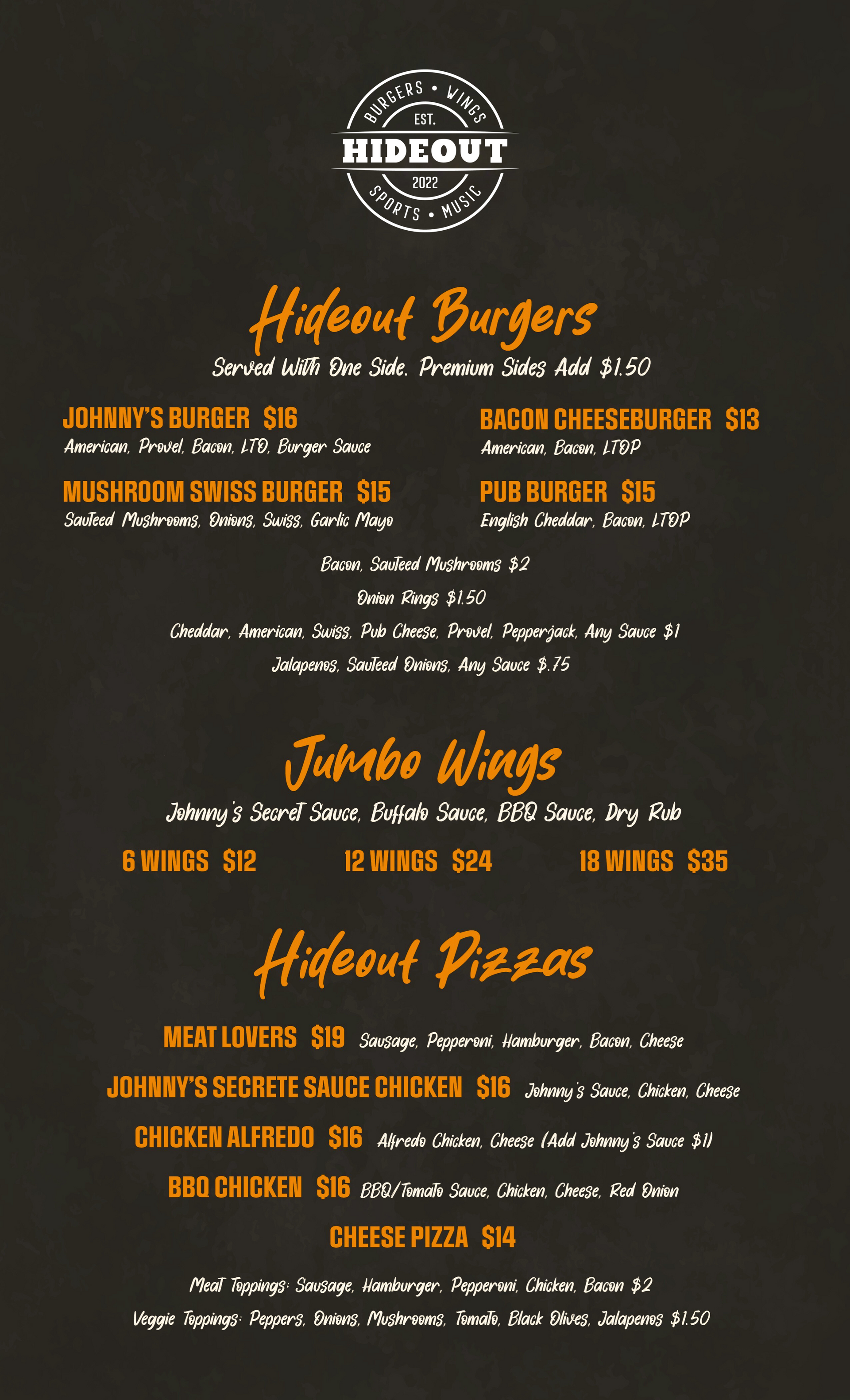 A menu for a restaurant shows hamburgers , jumbo wings , and homemade pizzas.
