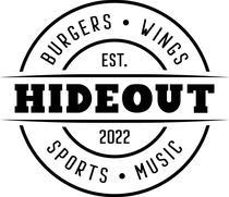 Logo for Hideout restaurant, circular, black and white. Text: 