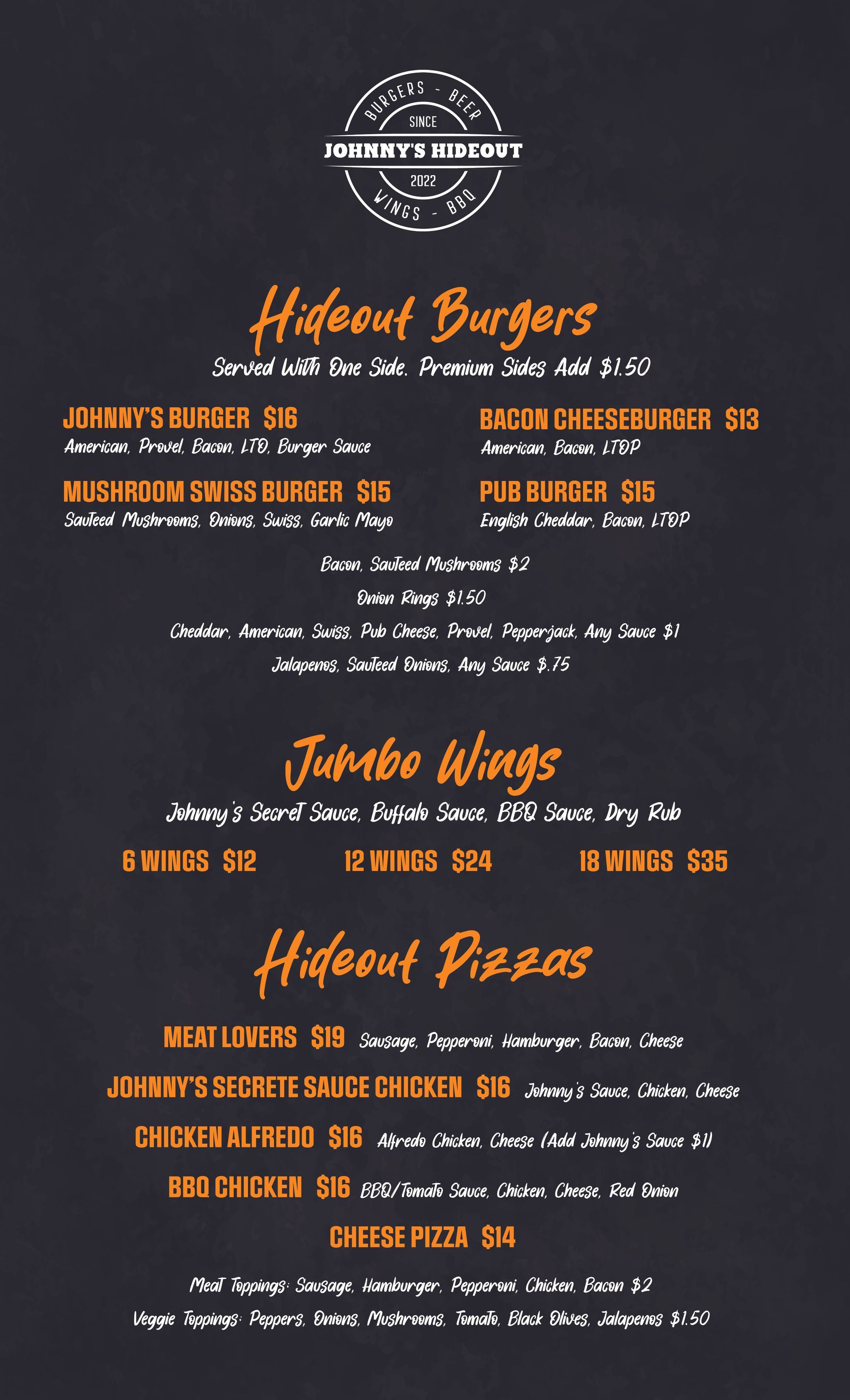 A menu for a restaurant shows hamburgers , jumbo wings , and homemade pizzas.