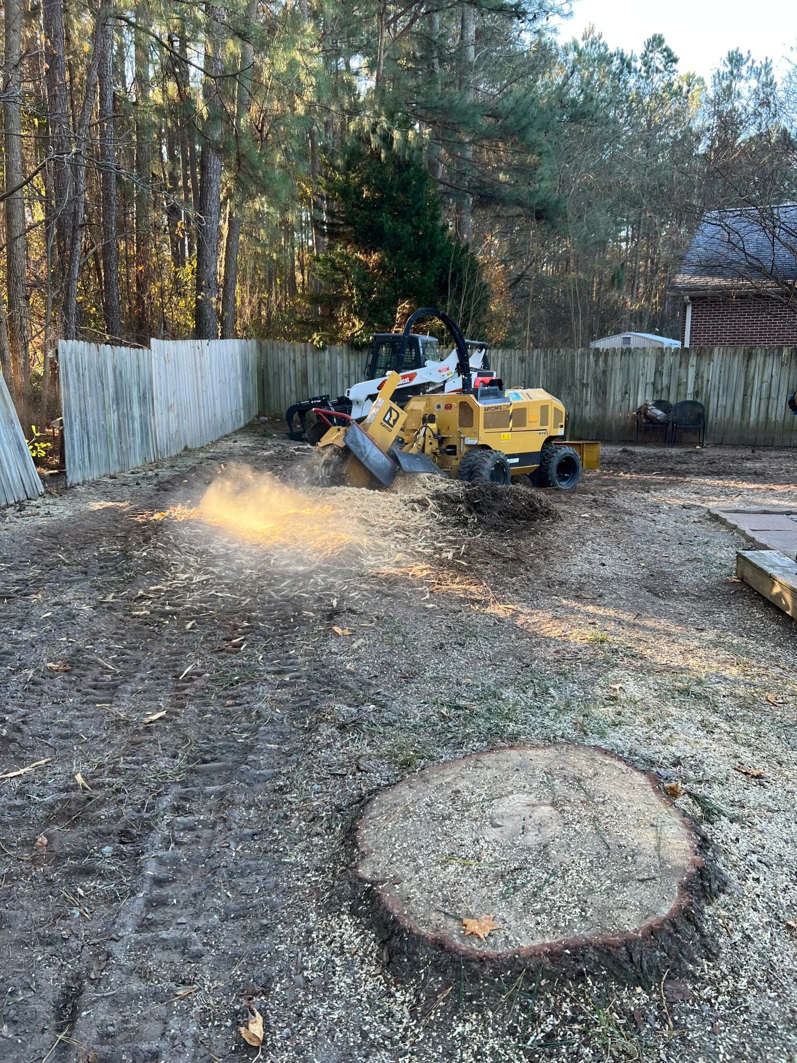 A stump grinder is cutting a tree stump in a backyard.