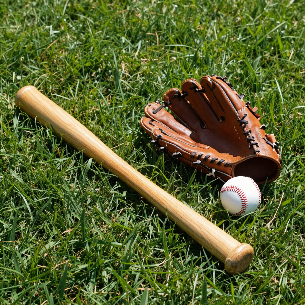 Baseball bat, glove, and ball on green grass