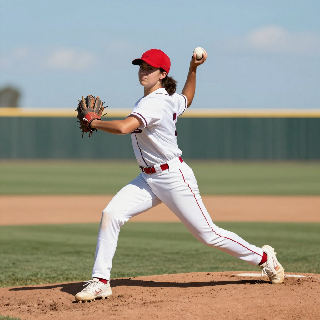Baseball pitcher in white uniform and red cap mid-throw on a sunny field