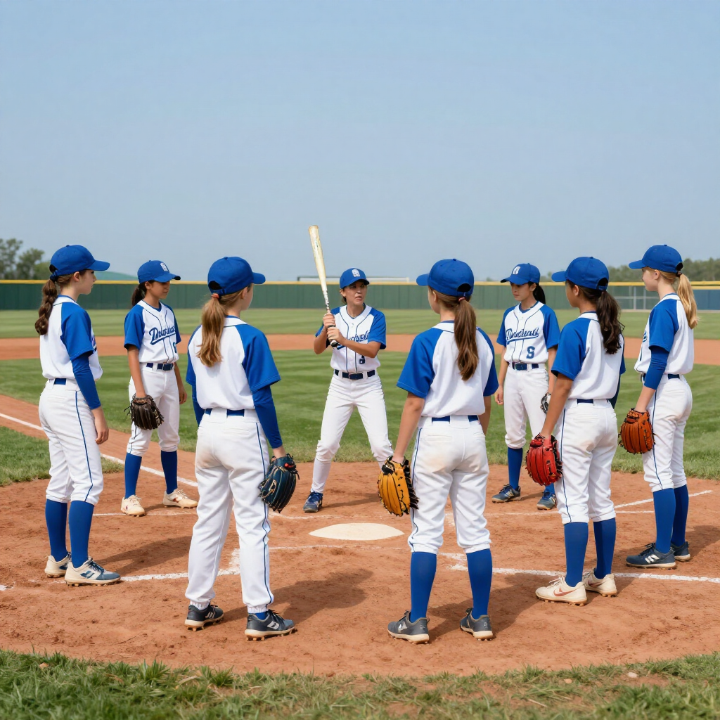 Youth baseball team huddled on a dirt field, players in blue and white uniforms with gloves and bats.