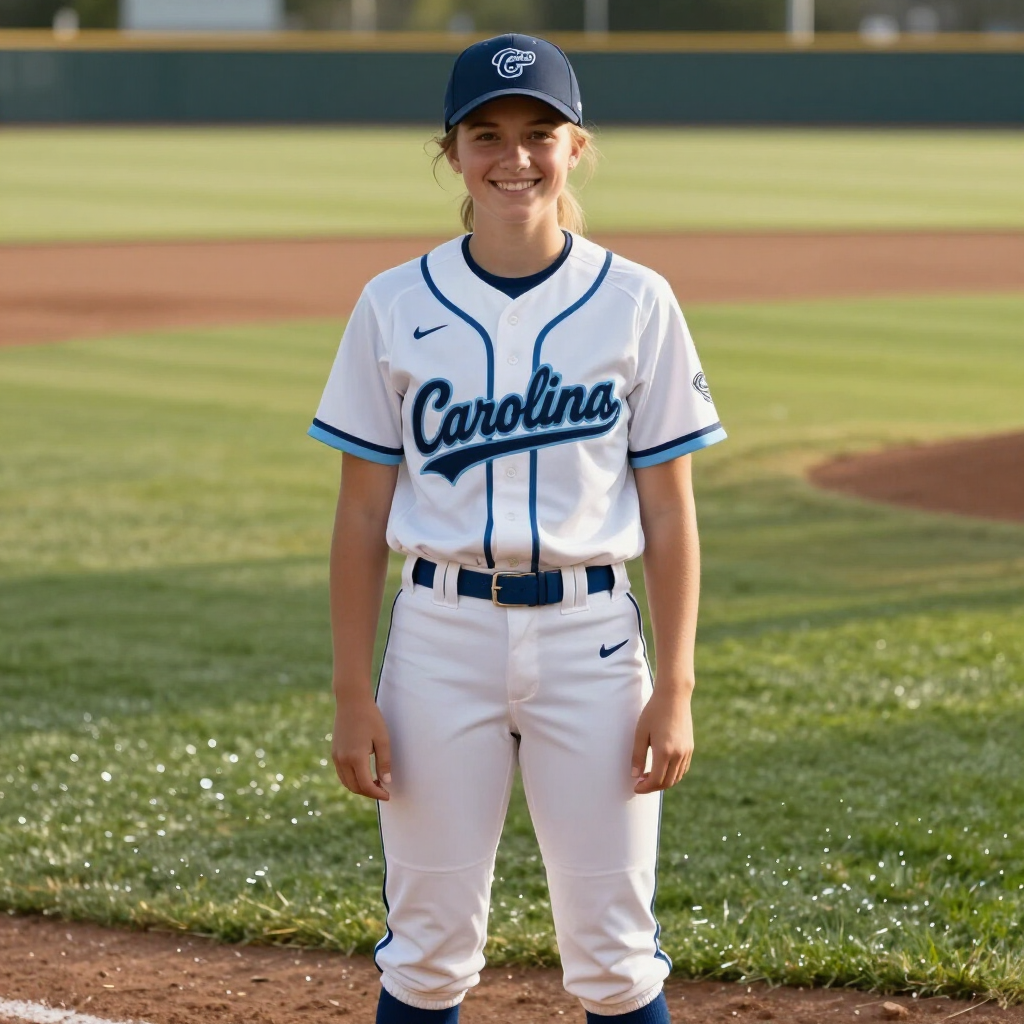 Smiling baseball player in white Carolina uniform standing on a field