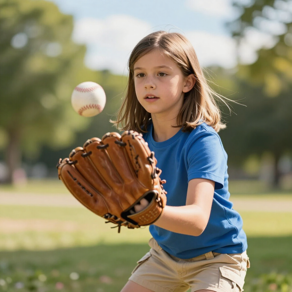Young child in a blue shirt catching a baseball with a glove outdoors on a sunny field