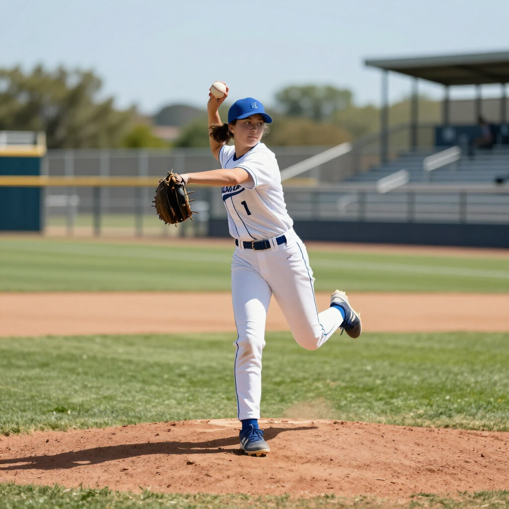 Baseball pitcher in white uniform and blue cap throwing a pitch on a sunny field