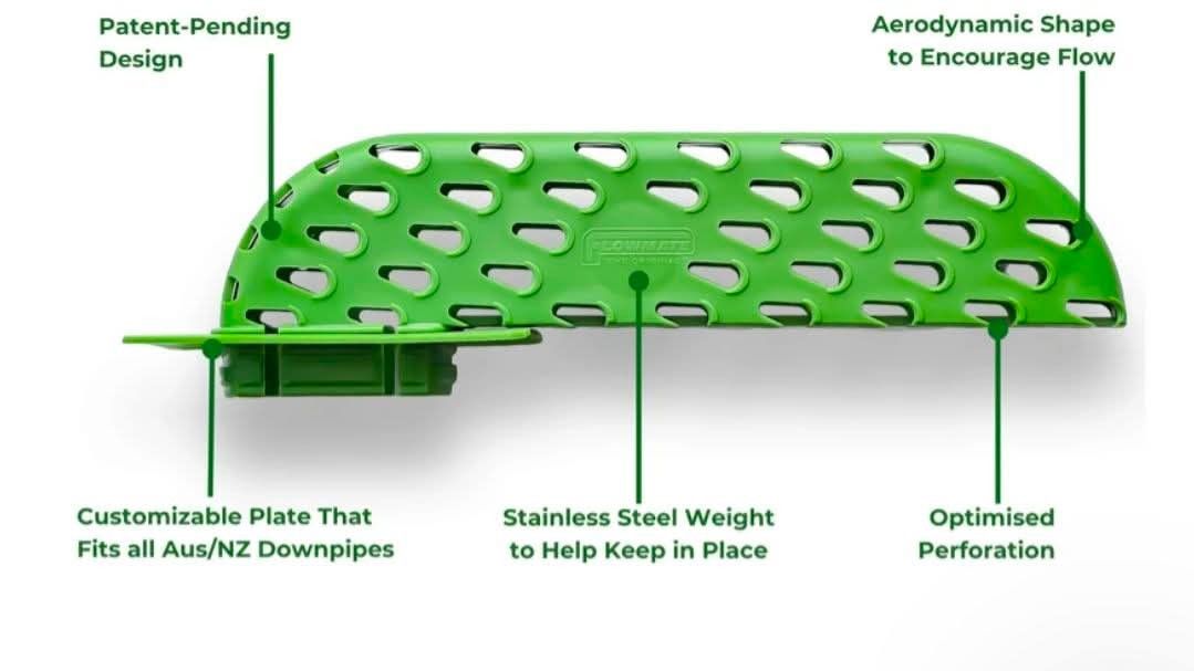 Green, perforated downspout guard with labeled features: patent-pending design, aerodynamic shape, and stainless steel weight.