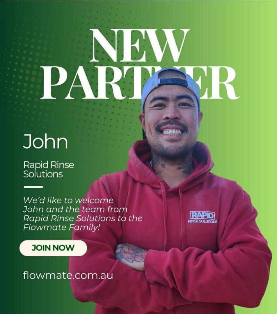 Ad: Man wearing red hoodie smiling; announcing a new partnership with Rapid Rinse Solutions.