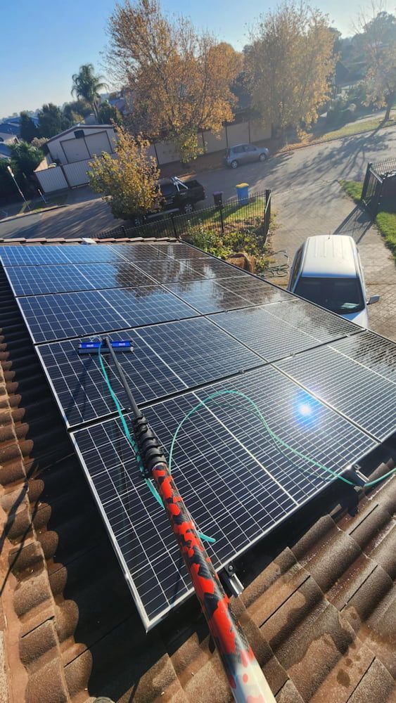 Person Cleaning Solar Panels on a Roof With a Long-handled Brush on a Sunny Day — Rapid Rinse Solutions in Katunga, VIC