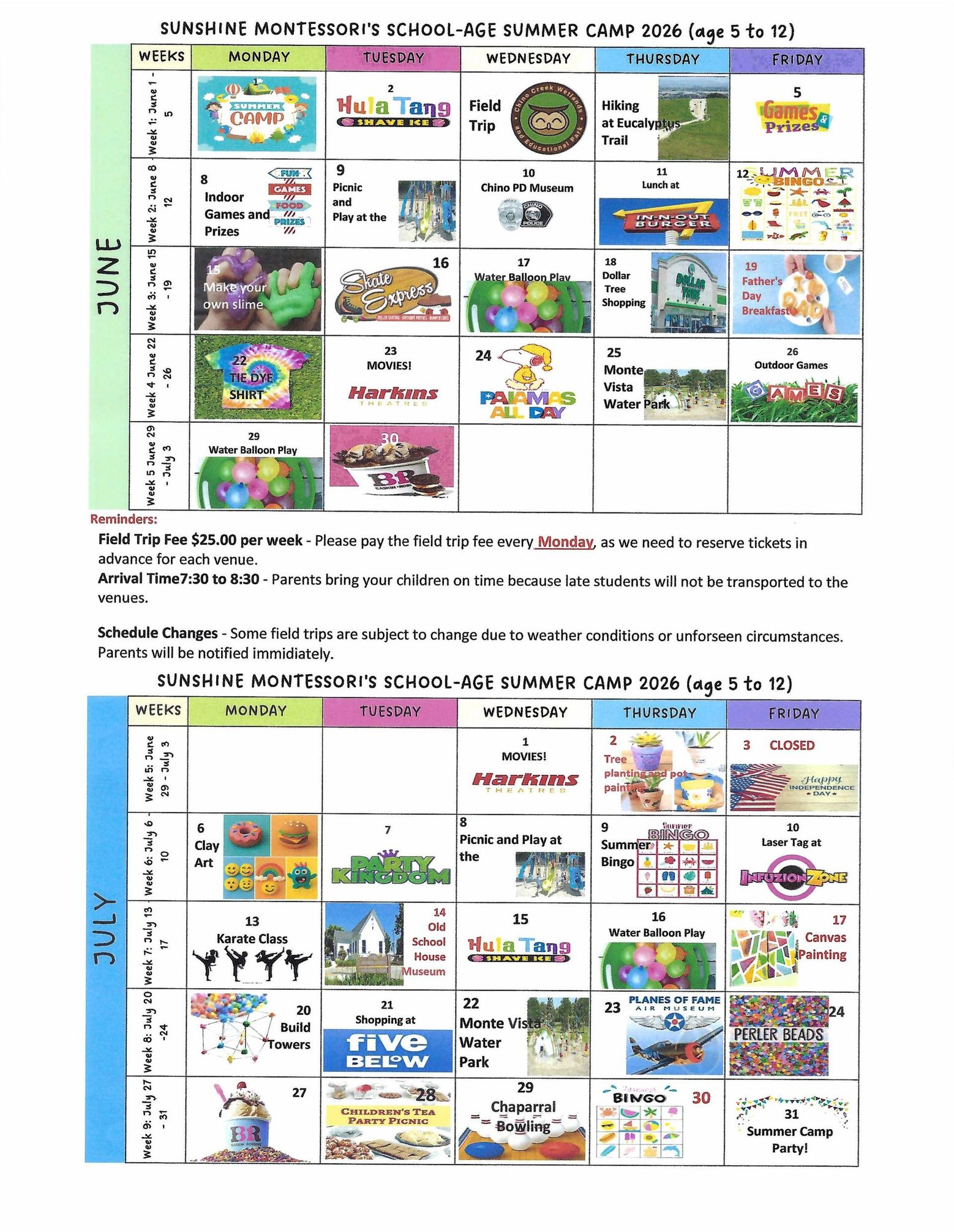 Summer Camp Calendar