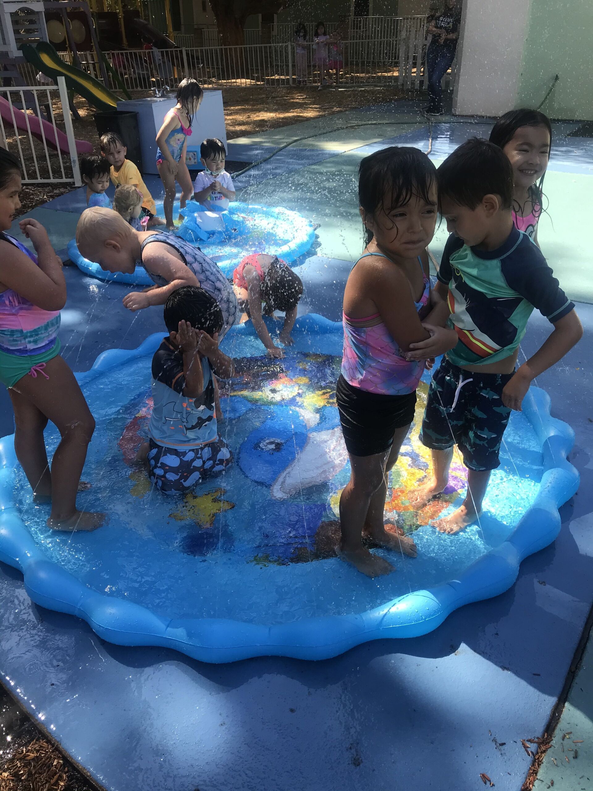 A group of children are playing in a water mat.