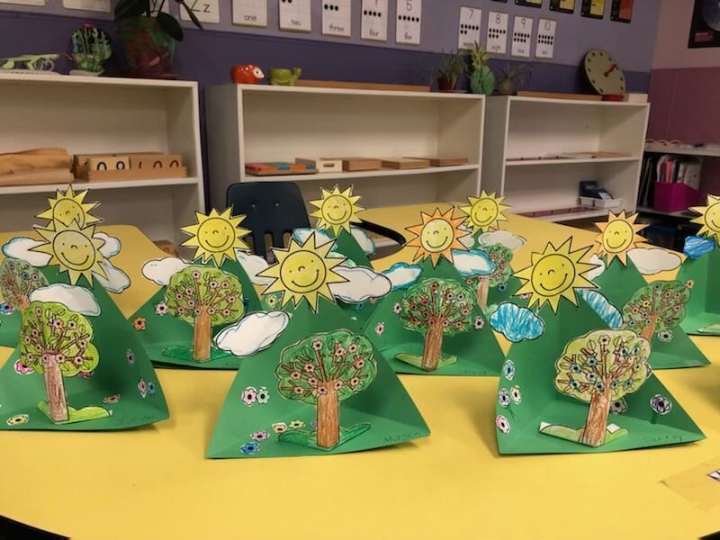 A yellow table with trees and suns on it
