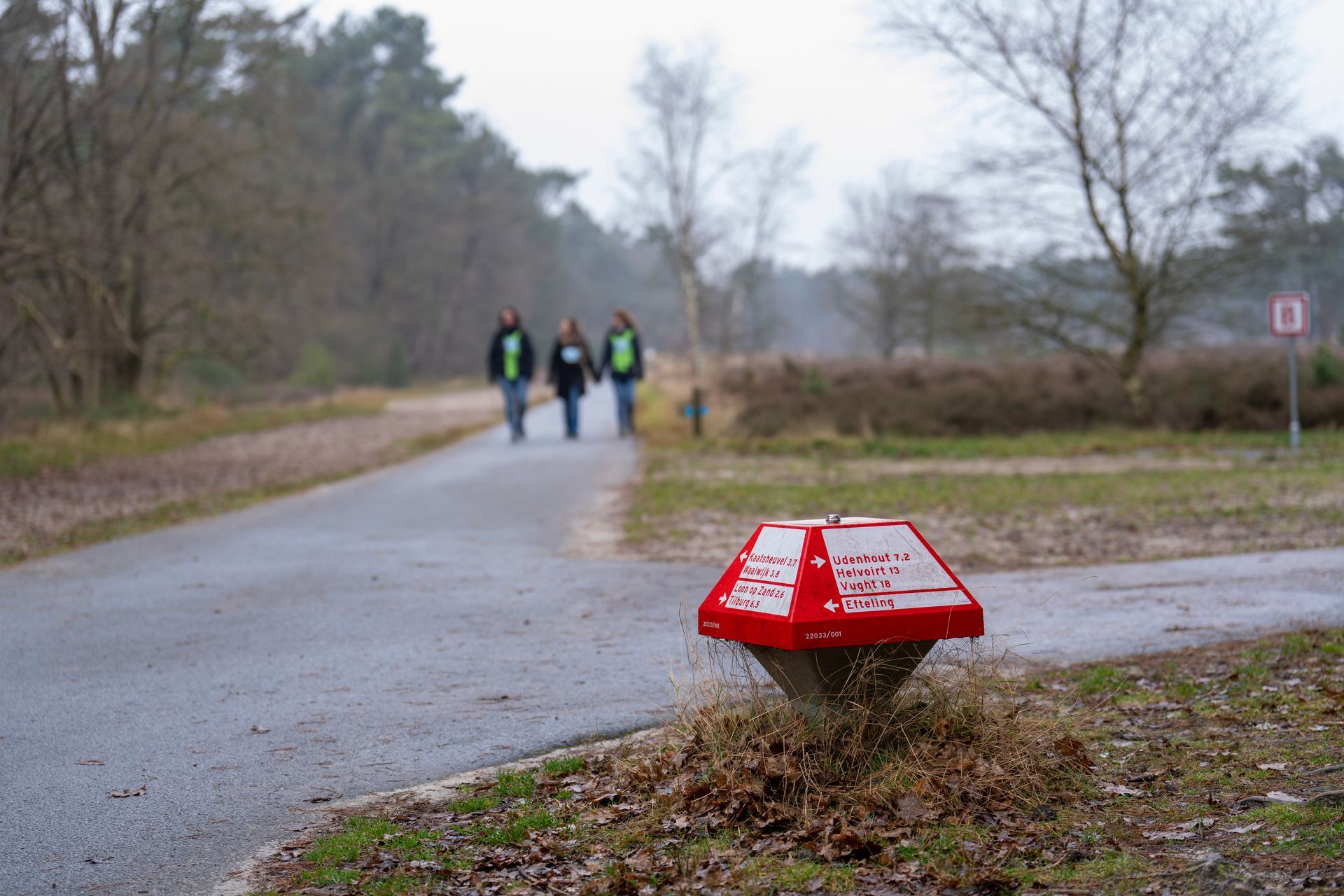 Een groep mensen die over een weg loopt met een rood bord op de voorgrond.