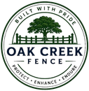 Oak Creek Fence Logo with Circular Badge Emblem, Fence Graphic, Large Oak Tree, Tagline, and Company Name in Oak Creek, WI