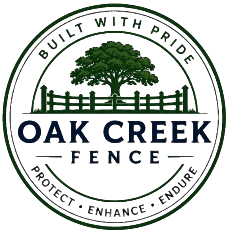 Oak Creek Fence Logo with Circular Badge Emblem, Fence Graphic, Large Oak Tree, Tagline, and Company Name in Oak Creek, WI