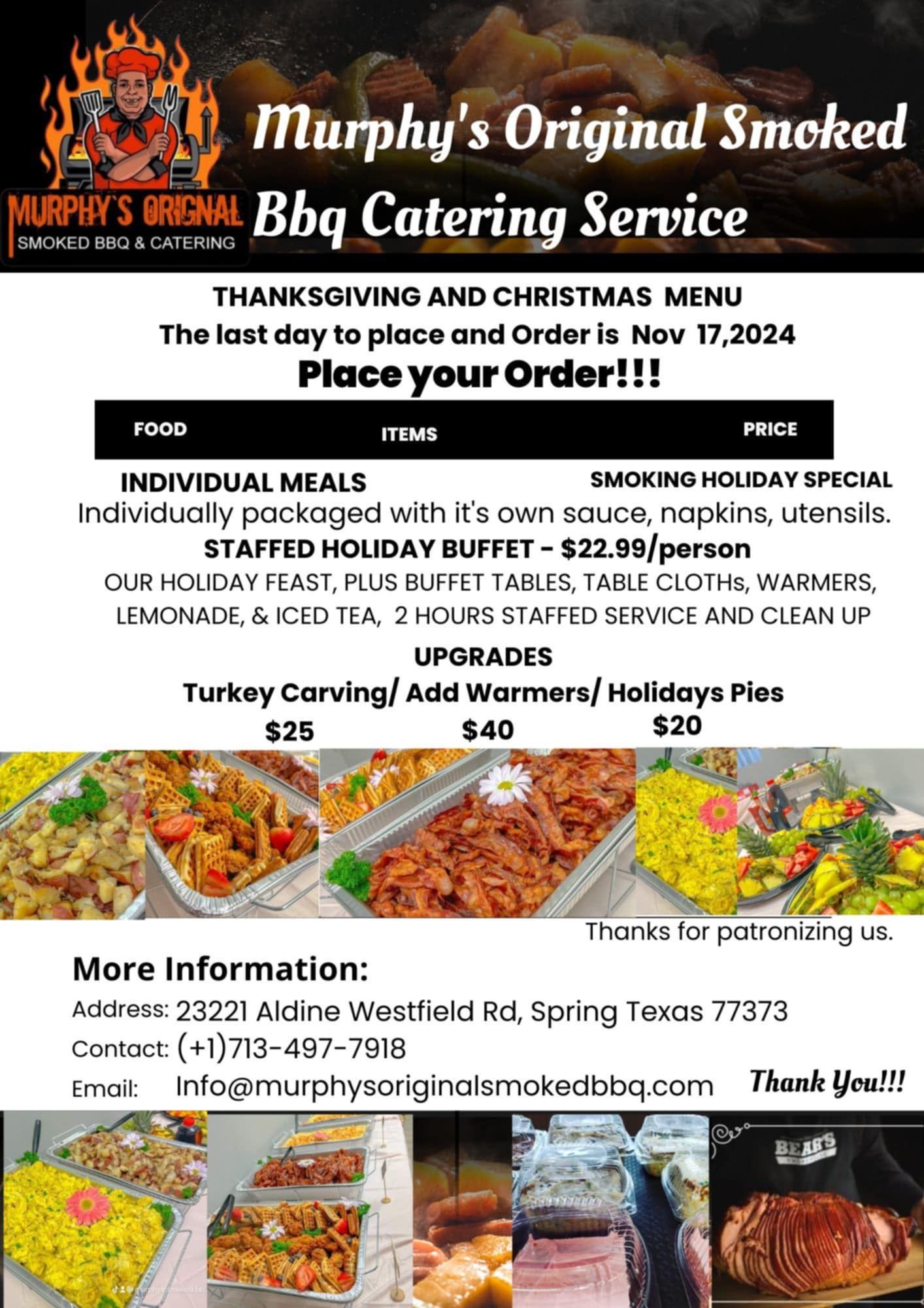 A flyer for murphy 's original smoked bbq catering service.