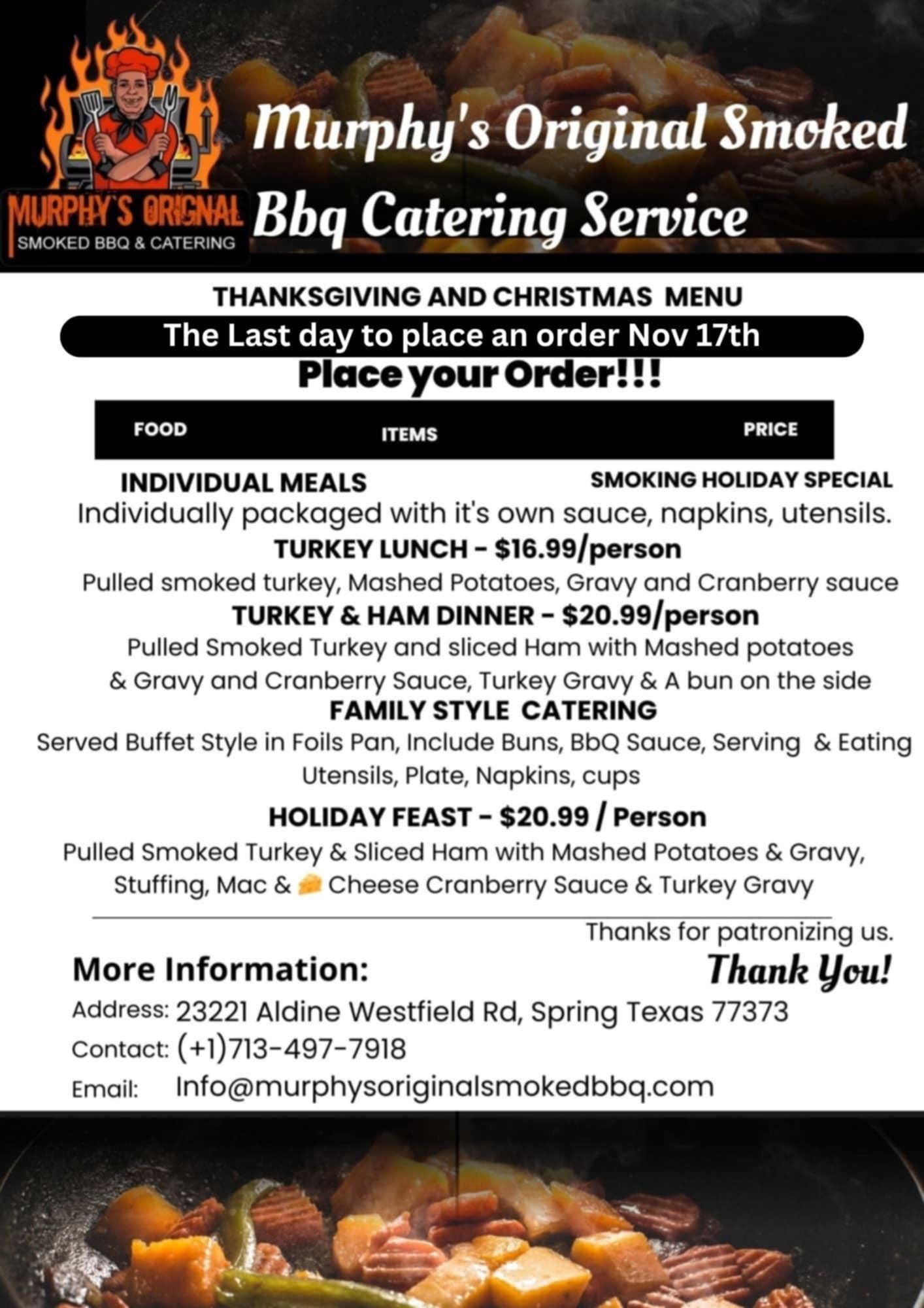 A menu for murphy 's original smoked bbq catering service.
