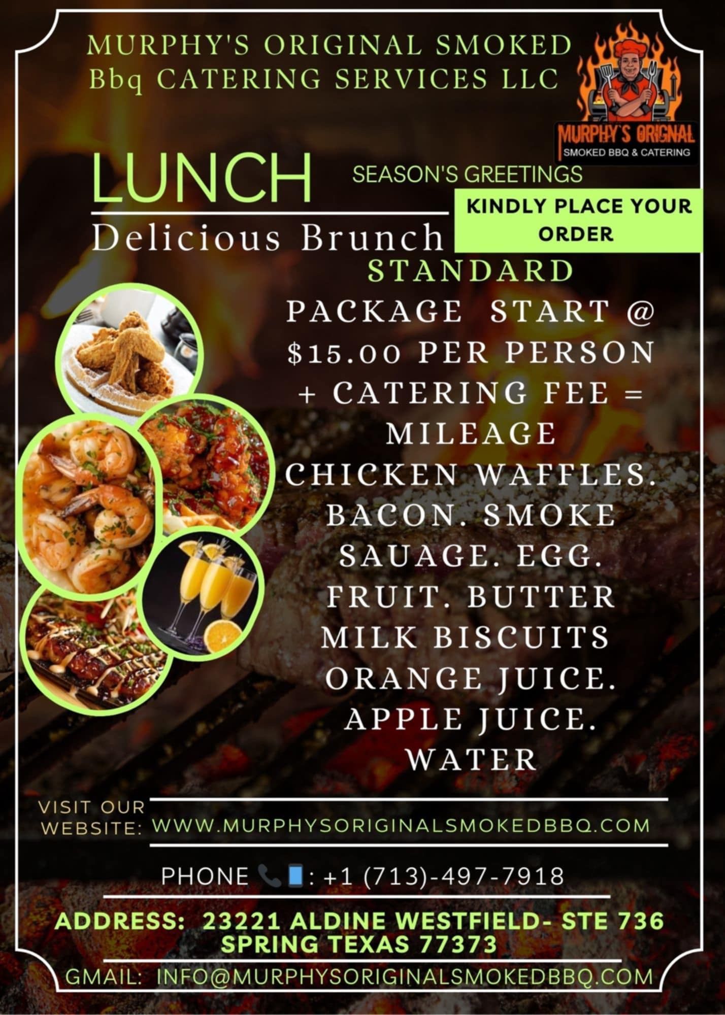 A flyer for murphy 's original smoked bbq catering services llc.