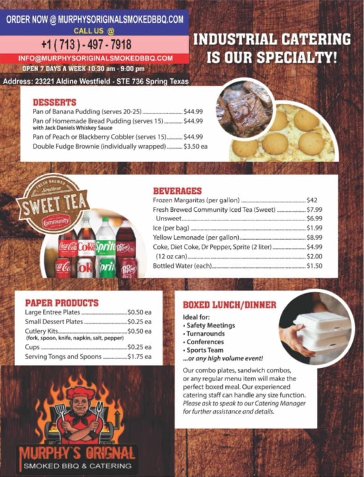 A menu for murphy 's original industrial catering is our specialty.