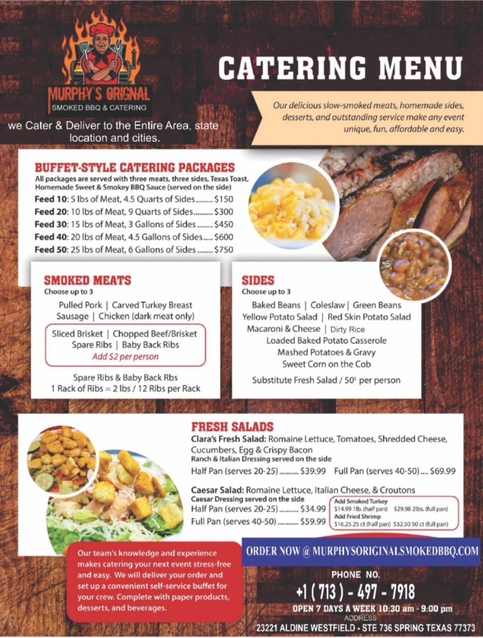 A catering menu for a restaurant with a lot of food on it.