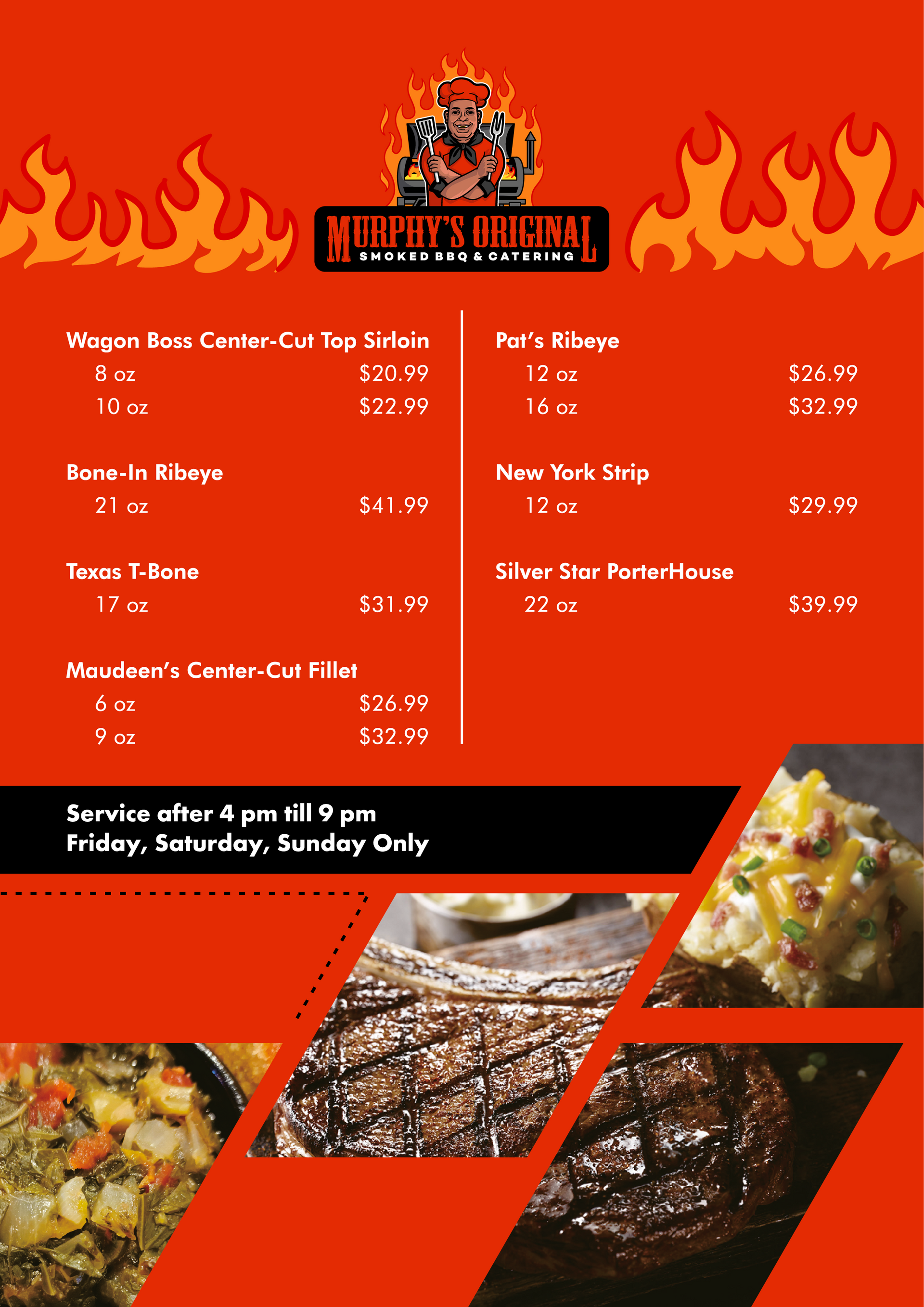 A menu for a restaurant with a picture of a steak on it.