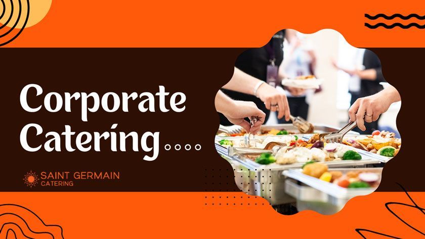 Corporate catering ad: hands serving food from buffet; orange background.