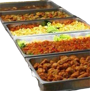 Several trays of food are lined up on a table