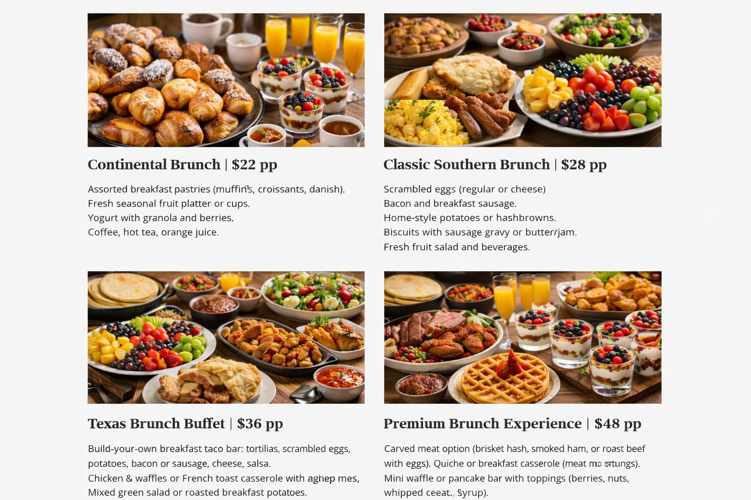 Four brunch options: Continental, Classic Southern, Texas, Premium, with photos and price per person.