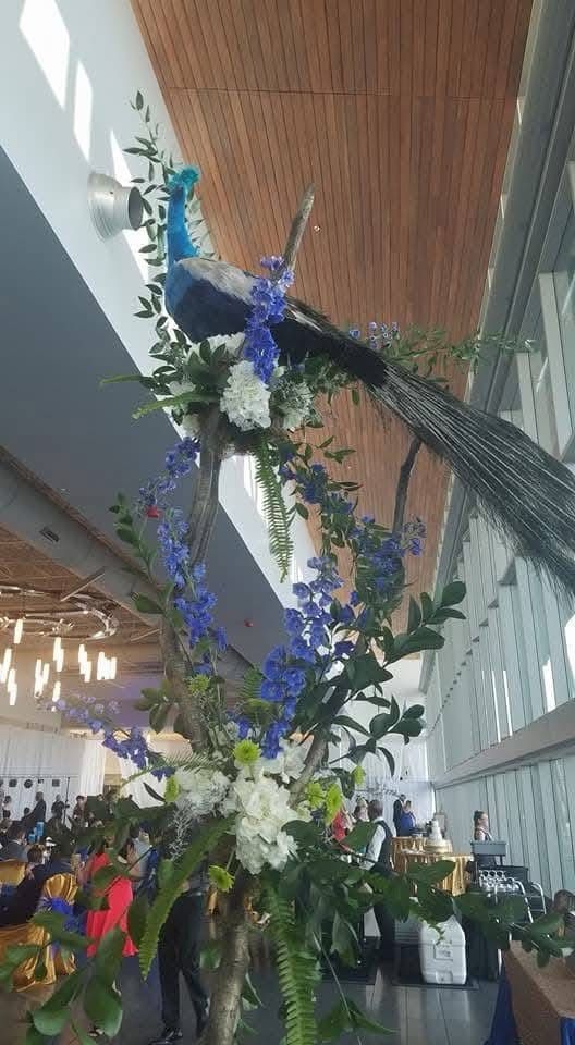 A peacock is sitting on a tree branch surrounded by flowers.