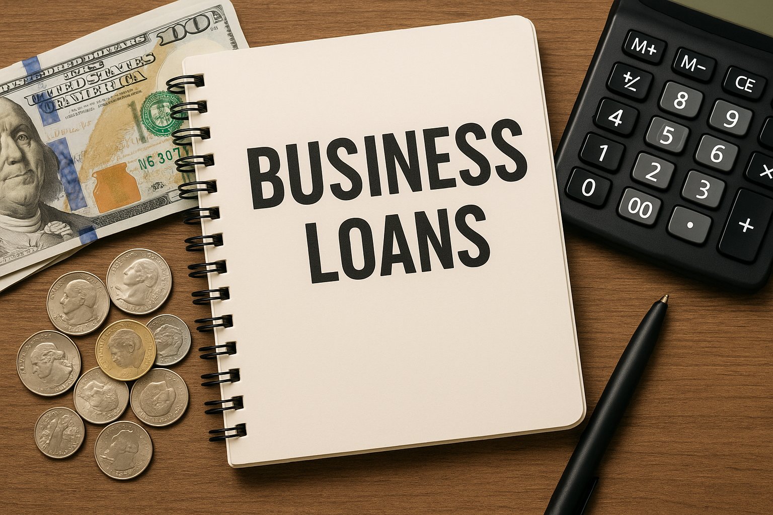 A notebook with the words `` business loans '' written on it.
