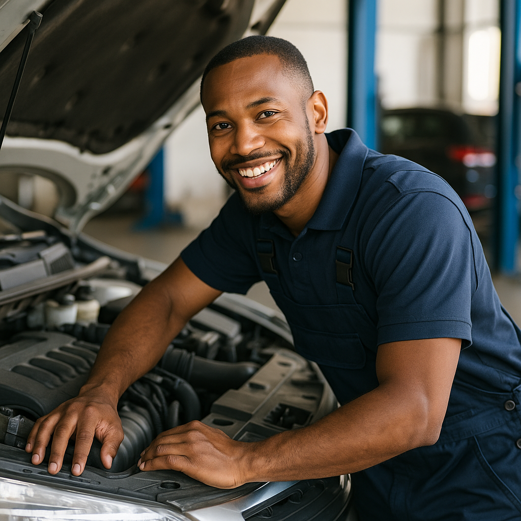 A man is smiling while working on the engine of a car.