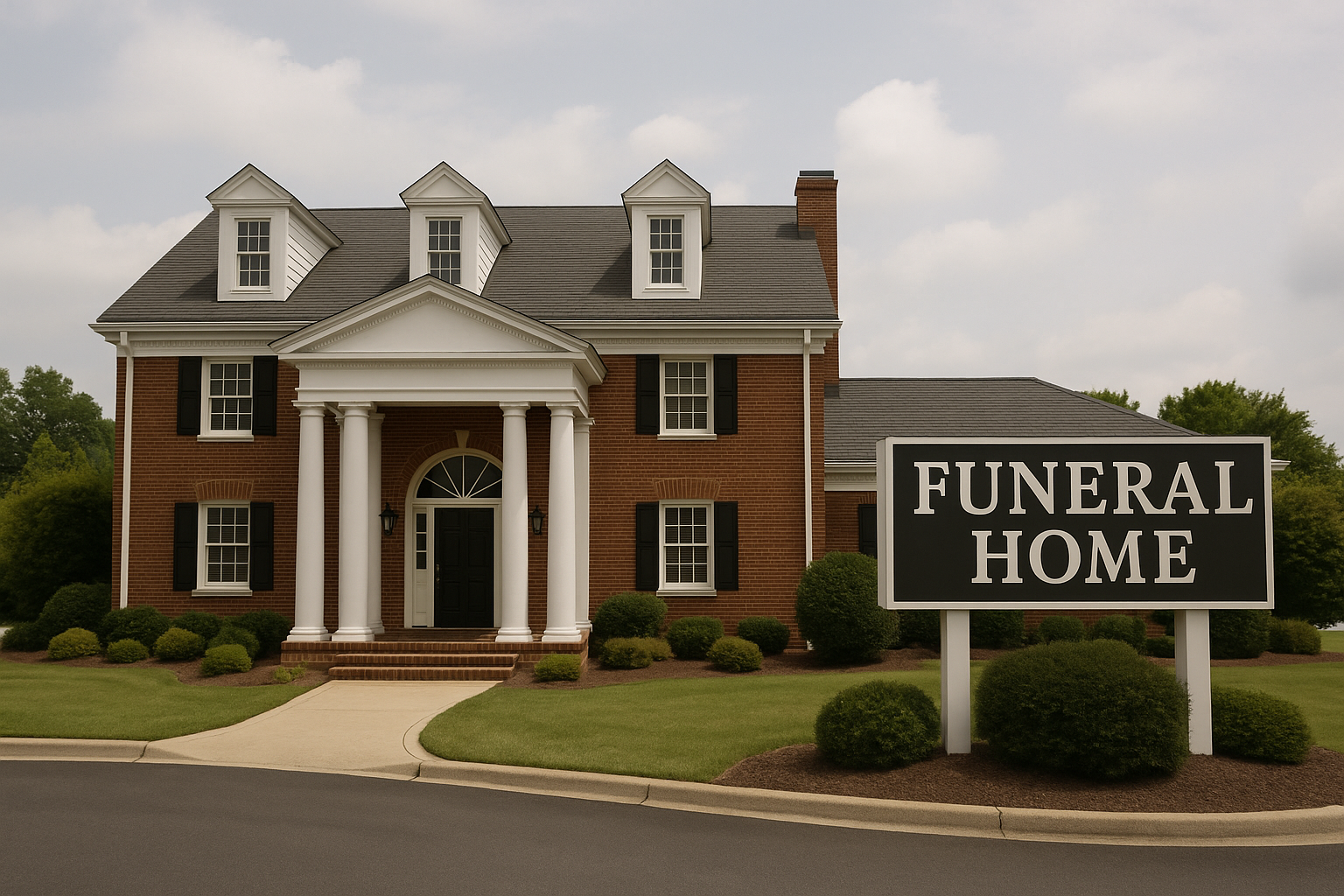 A large brick house with a funeral home sign in front of it