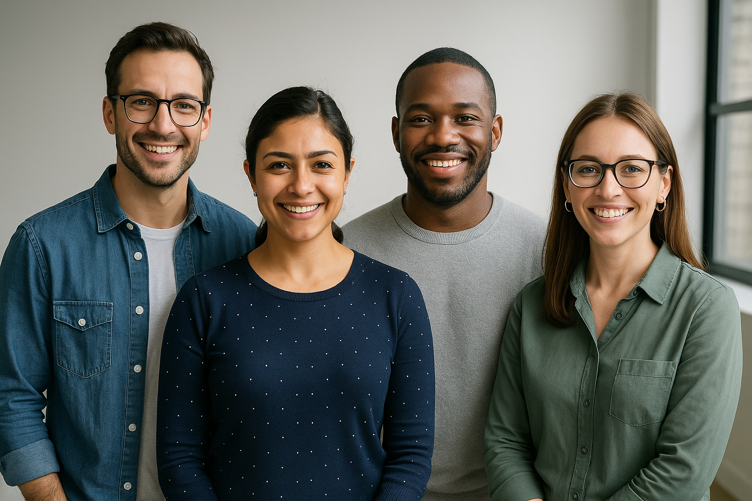 A group of people are posing for a picture together and smiling.