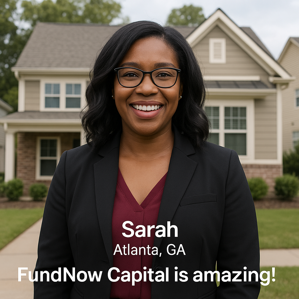 A woman in a suit and glasses is smiling in front of a house.