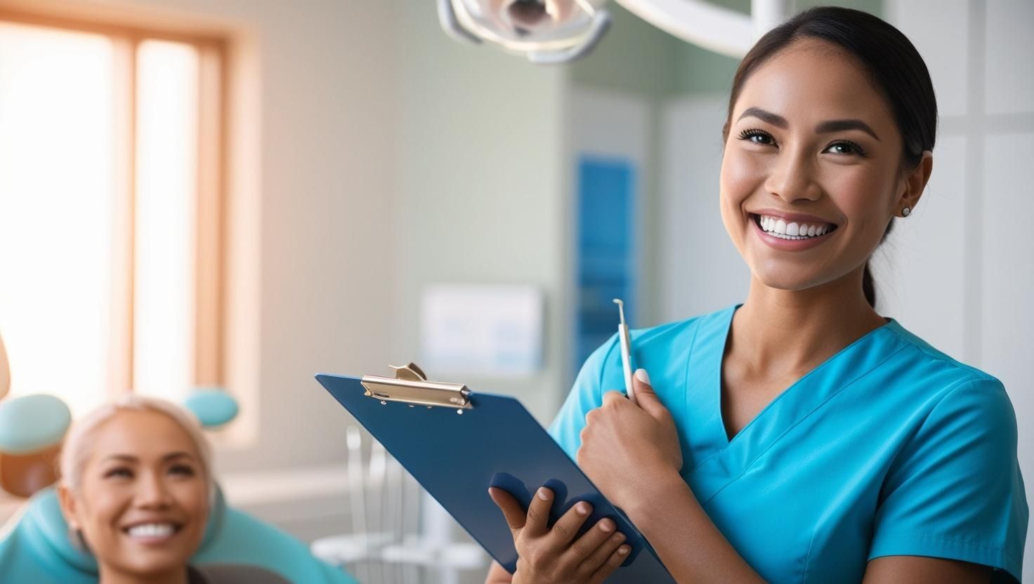 A female dentist is smiling while holding a clipboard in front of a patient in a dental chair.