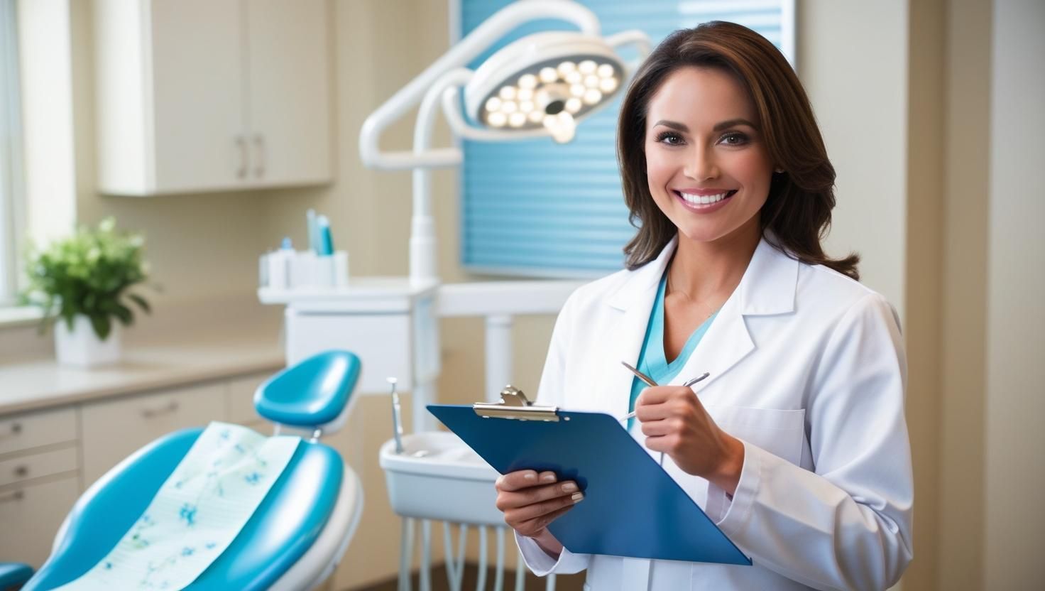 A female dentist is holding a clipboard and smiling in a dental office.