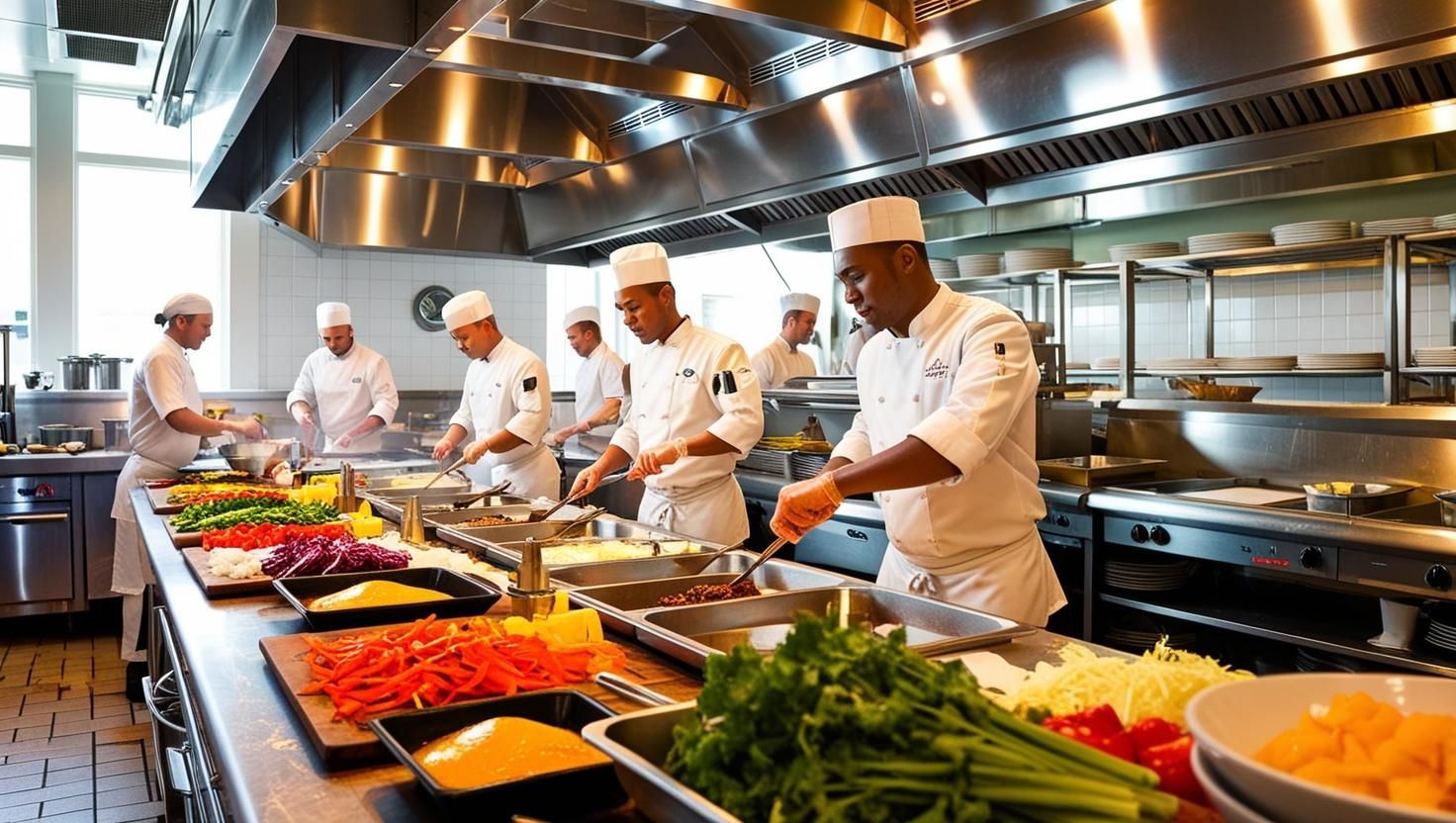 A group of chefs are preparing food in a kitchen.