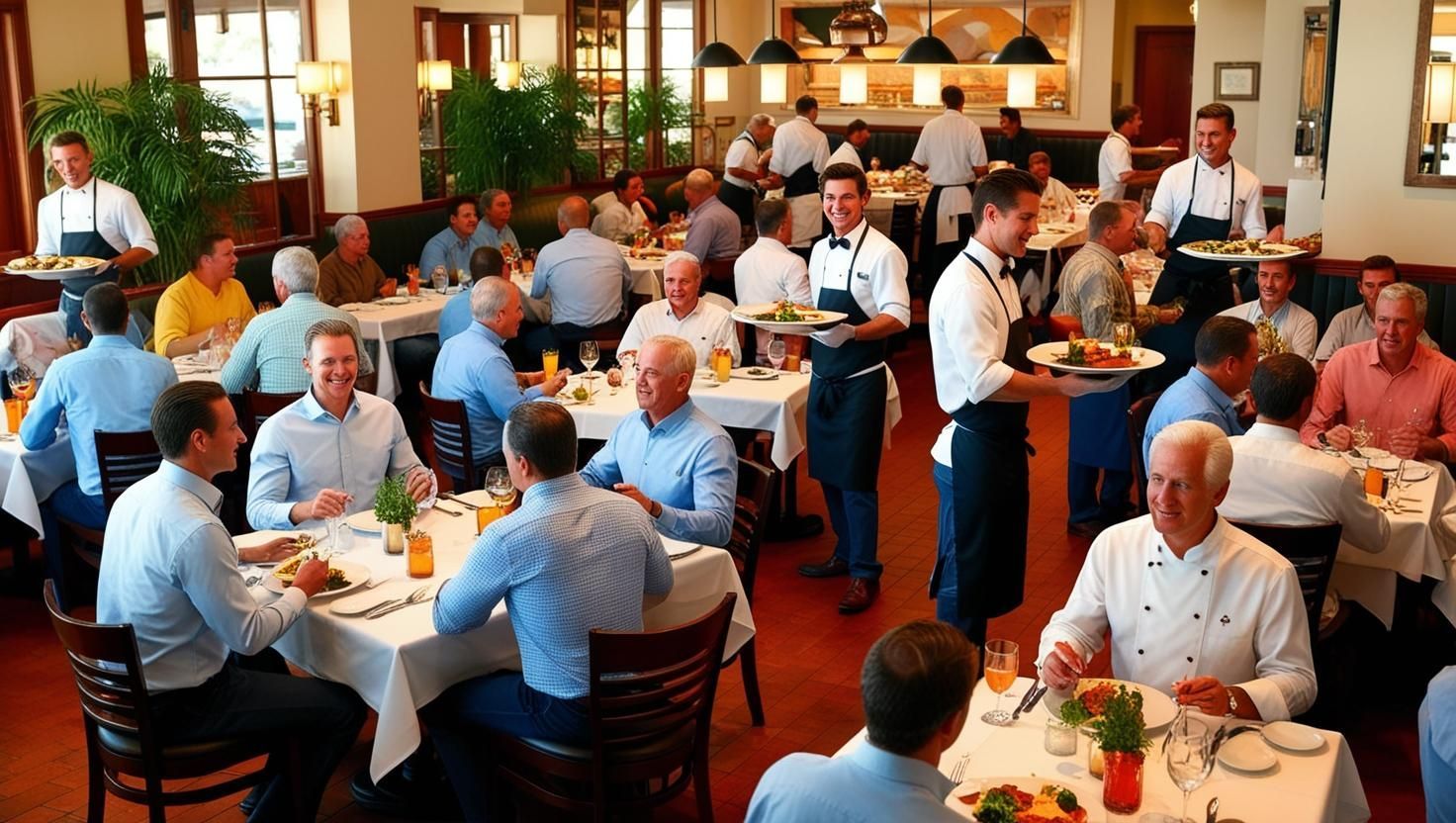 A large group of men are sitting at tables in a restaurant