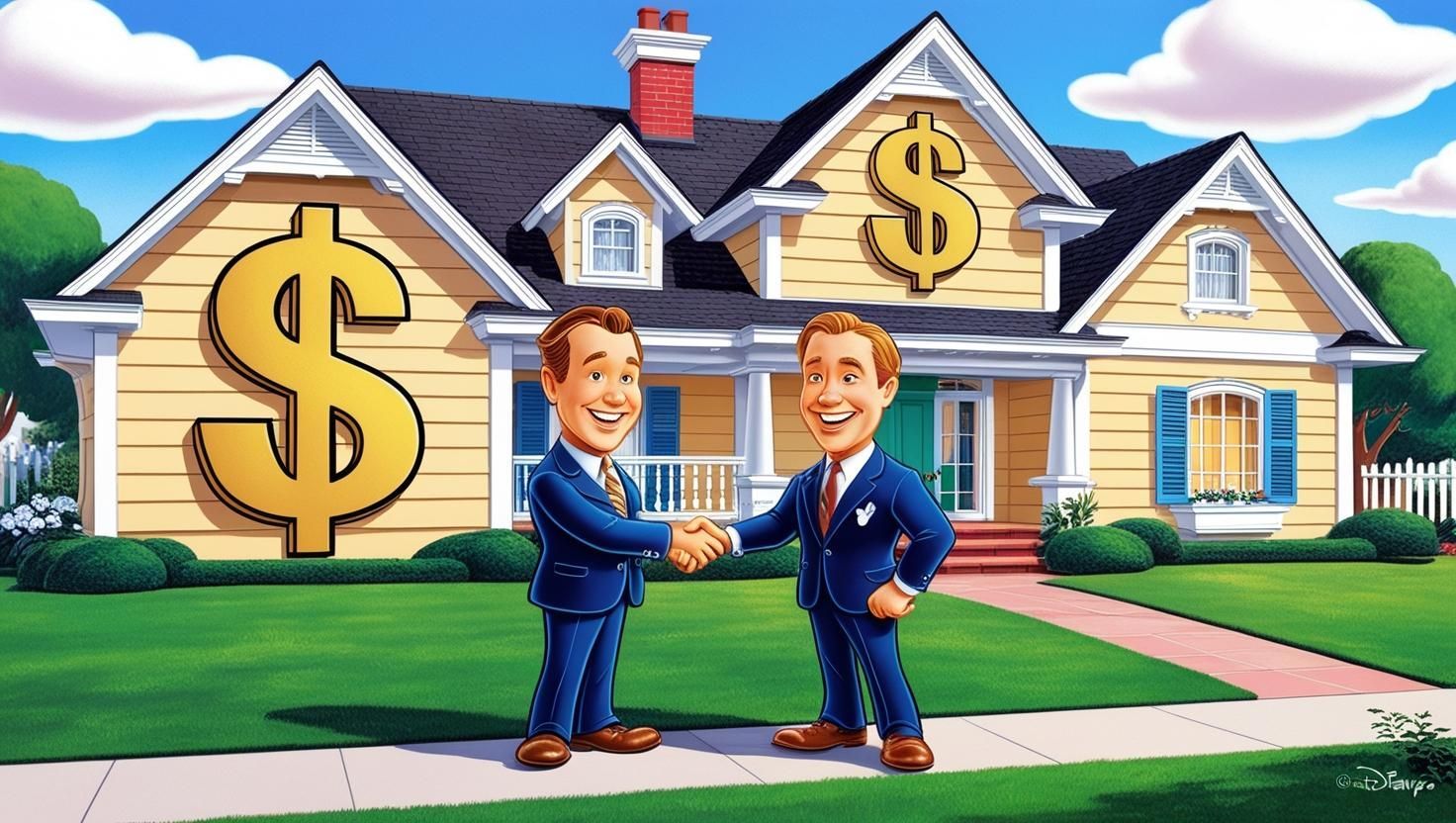 Two men shaking hands in front of a house with dollar signs on it