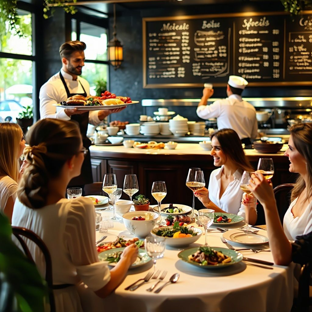 A group of people are sitting at a table in a restaurant eating food
