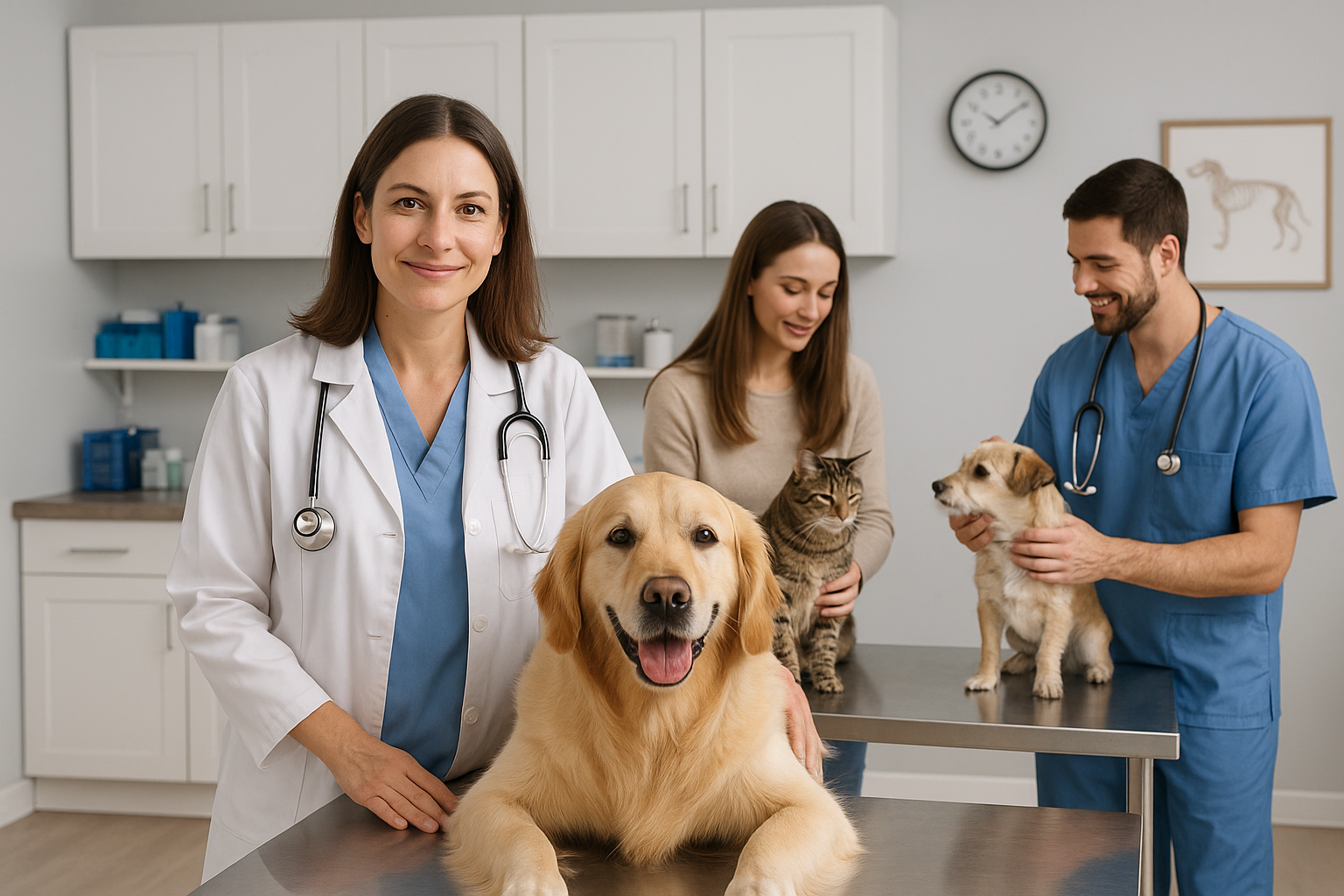 A dog and a cat are sitting on a table at a veterinary clinic.