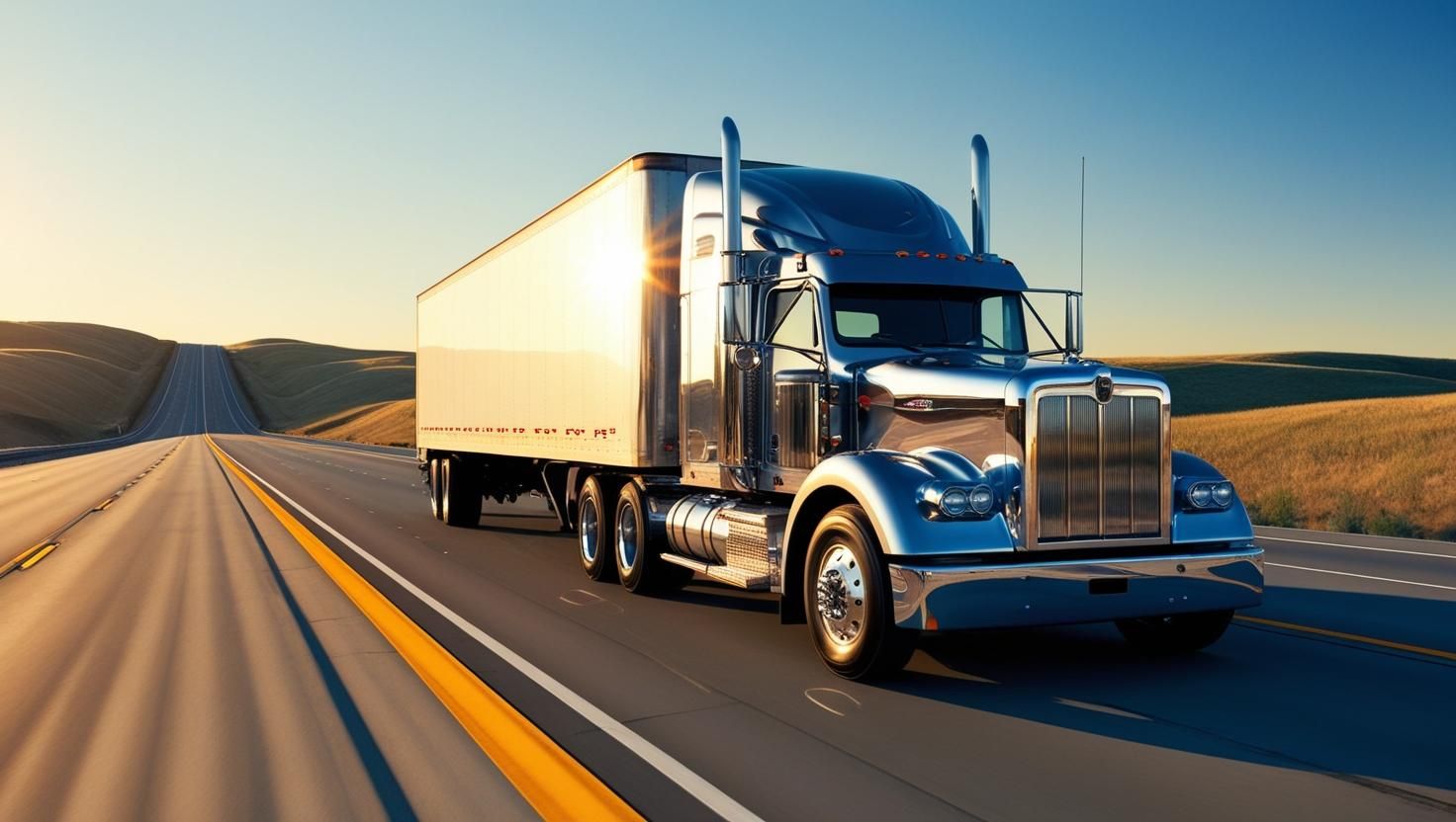 A semi truck is driving down a highway.