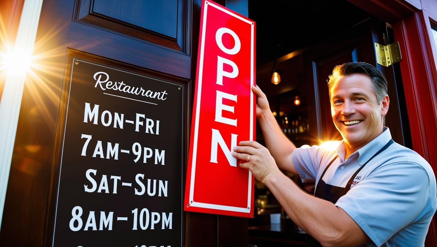 A man is holding an open sign in front of a restaurant.