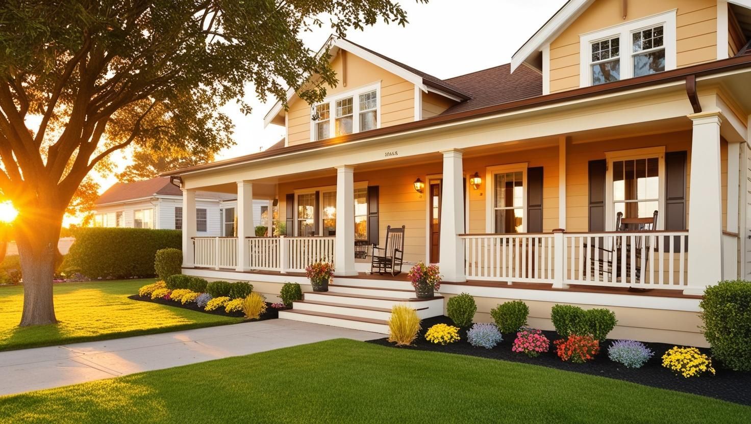 A large yellow house with a large porch and a tree in front of it