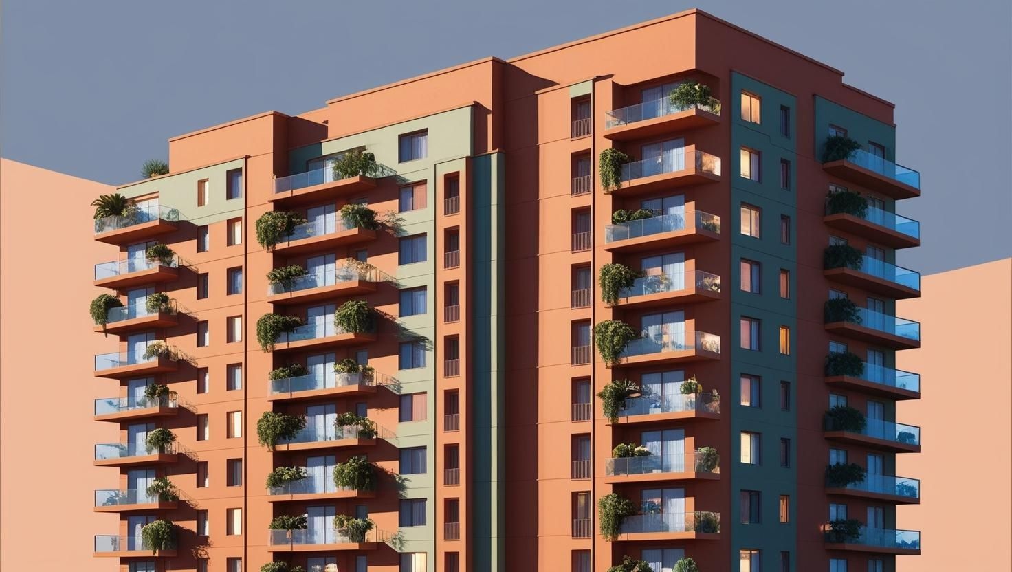 An artist 's impression of a tall building with lots of balconies.