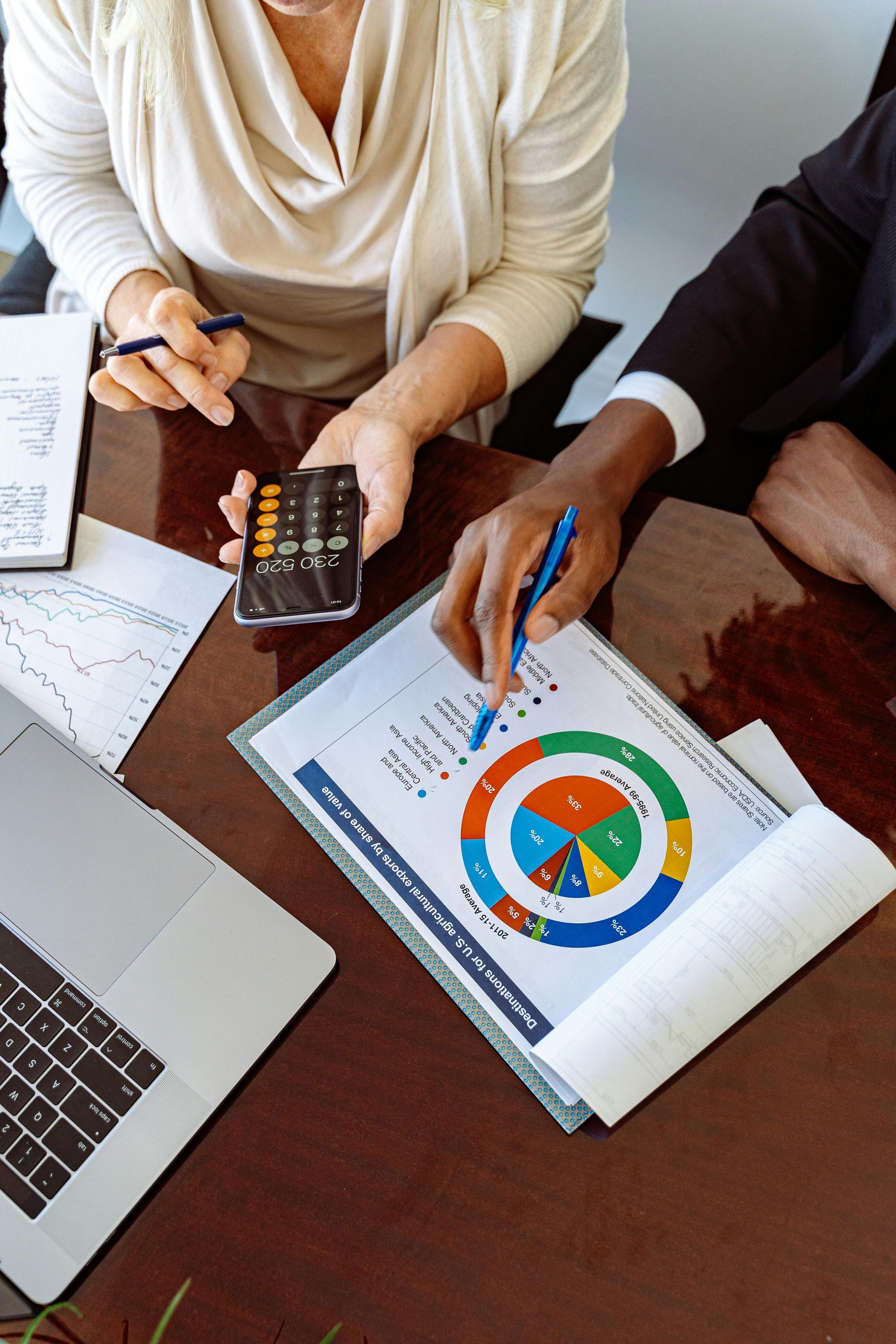 A man and a woman are sitting at a table looking at a pie chart.