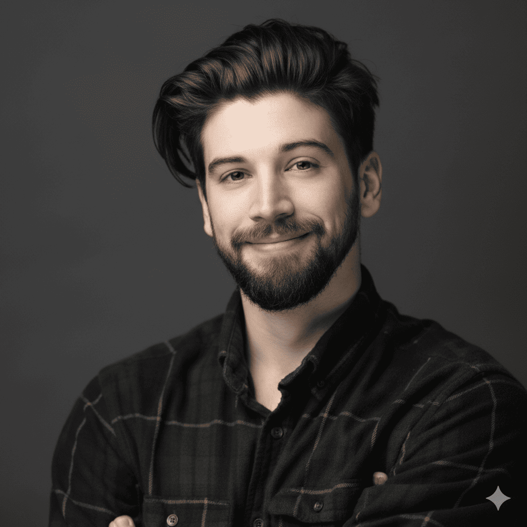 Man with dark hair and beard smiles, arms crossed, wearing a black and brown plaid shirt against a gray backdrop.