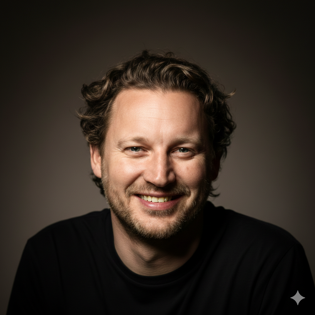 Man with curly brown hair smiles, wearing a black shirt, in front of a dark backdrop.